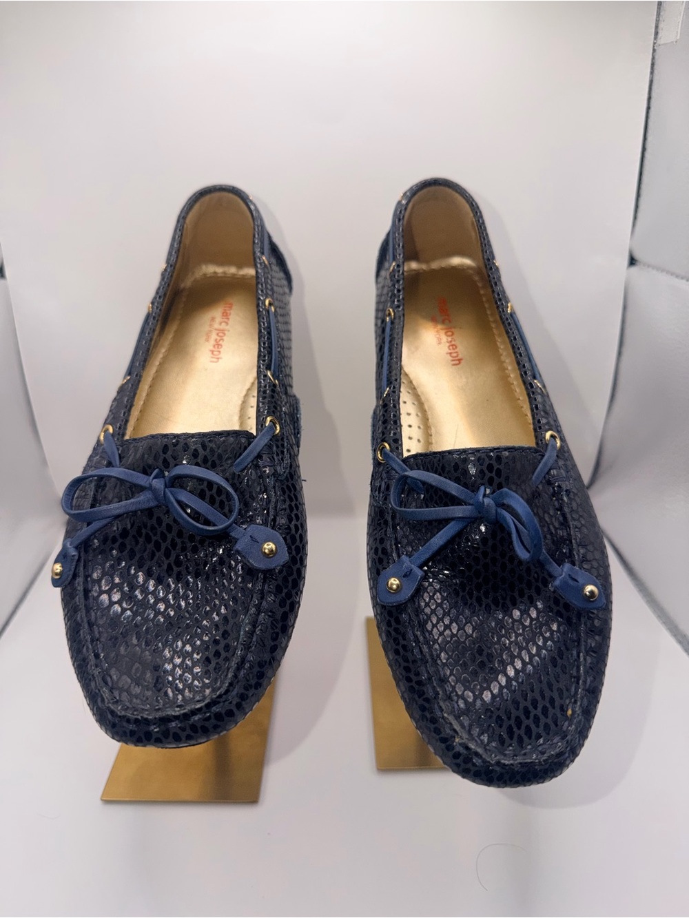 Women’s Navy Moccasin Loafers with Bow Detail